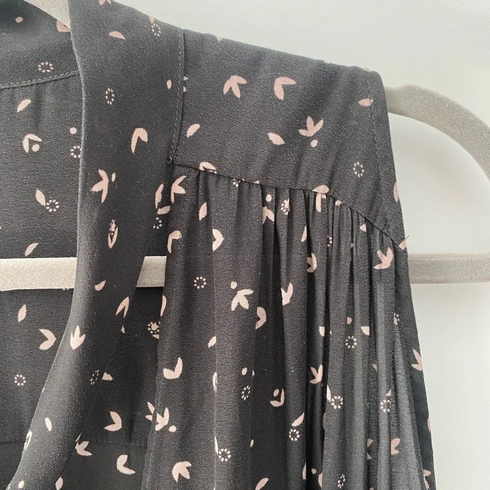 Free People High Low Hem Tank Top Black Sleeveless Printed Blouse Tie Womens L